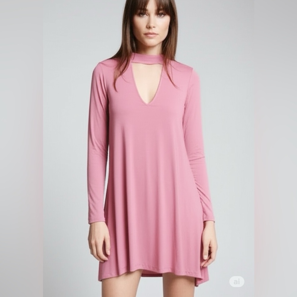 Express Dusty Pink Mauve Long Sleeve Keyhole Collar Mini Dress Size Small